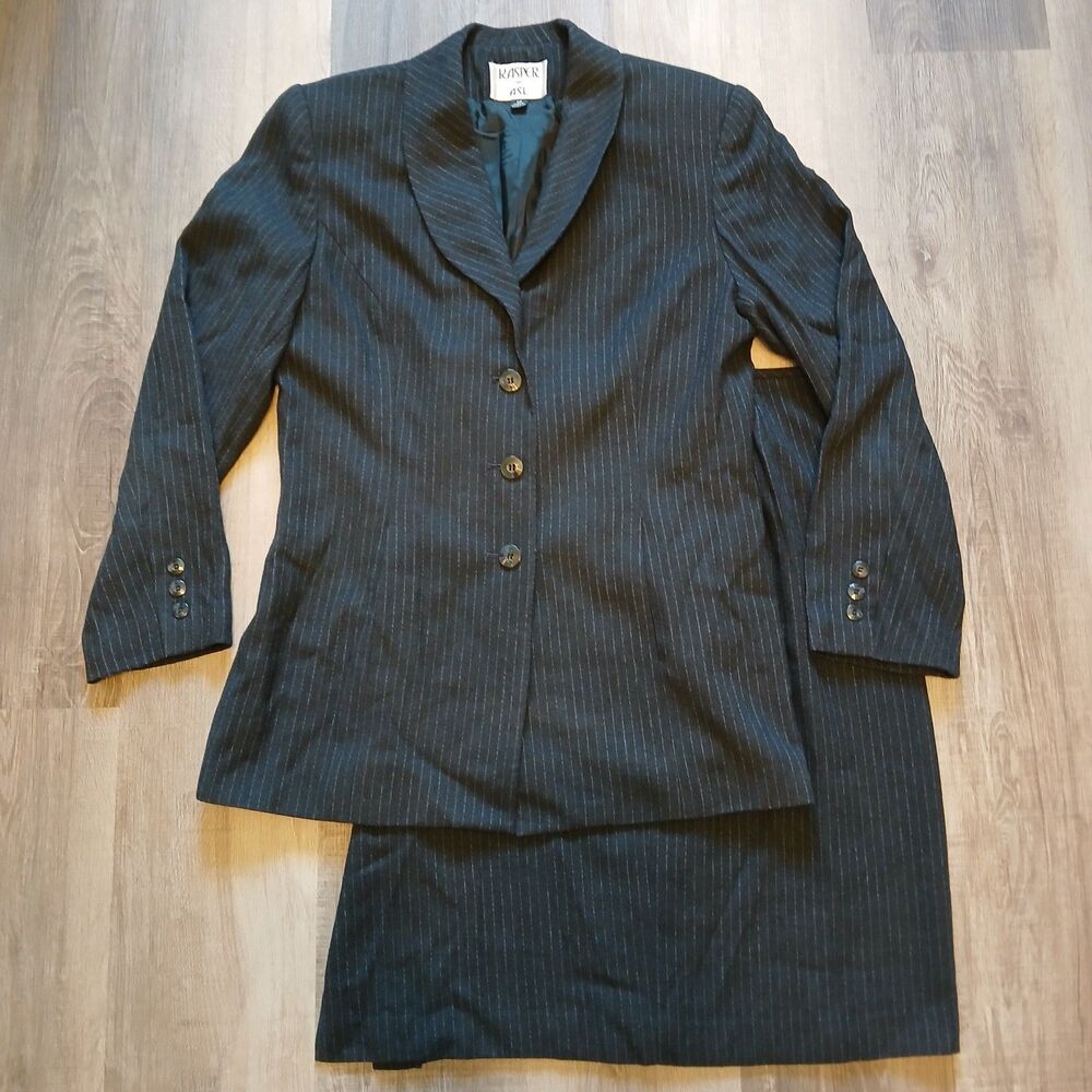 Vintage 90s Kasper Skirt Suit 12 Women's Black Pinstripe - Flaws